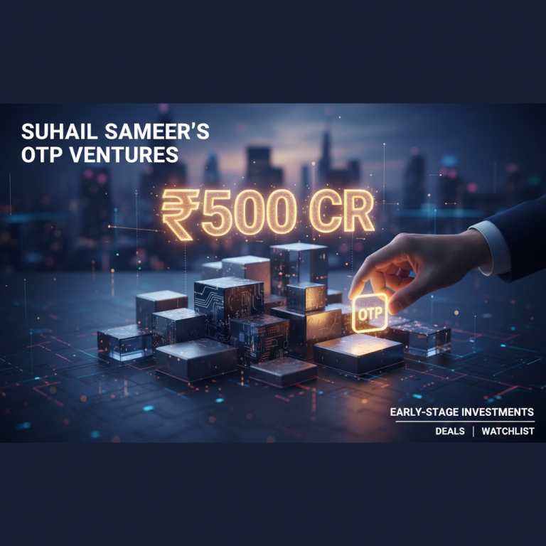 A hand places a glowing "OTP" cube onto a cluster of interconnected circuit board blocks with "₹500 CR" glowing above.