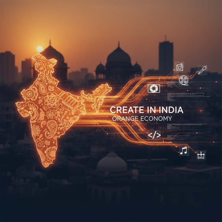 A vibrant, professional image representing India's 'Create in India' mission and the Orange Economy, with a map of India and creative icons.