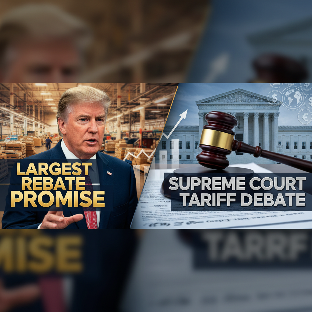 Split image with Peter Navarro, "Largest Rebate Promise" text, and the Supreme Court with "Supreme Court Tariff Debate" text.