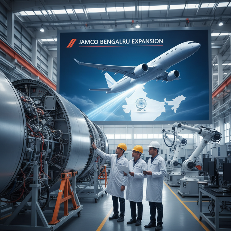 Engineers review an aircraft engine with a screen showing a plane over India in the background.