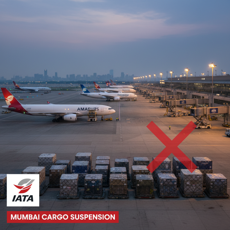 Air cargo pallets on tarmac with planes and airport terminal at dusk, overlaid with a red 'X' and IATA logo.