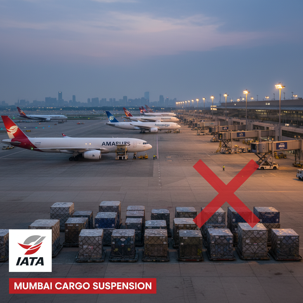 Air cargo pallets on tarmac with planes and airport terminal at dusk, overlaid with a red 'X' and IATA logo.
