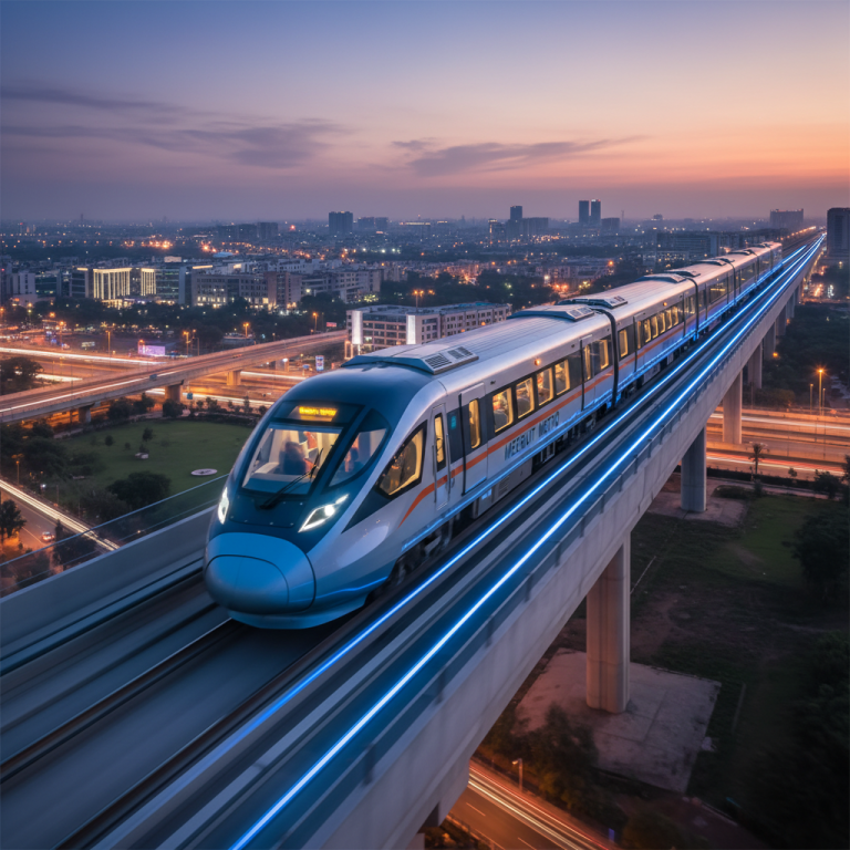 A modern Meerut Metro train on an elevated track at dusk, with city lights and blurred traffic below.