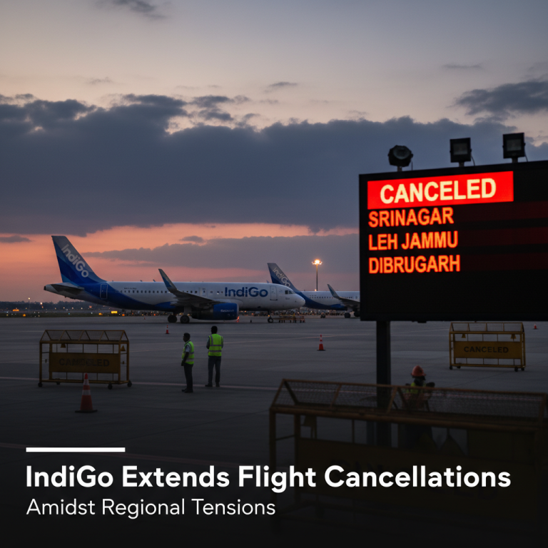 An IndiGo aircraft on a runway at dusk, with a "CANCELED" flights display board in the foreground.