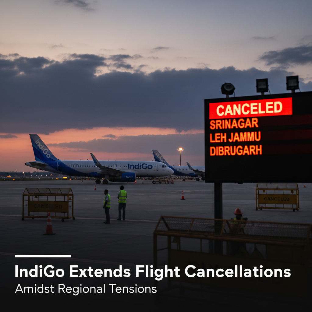 An IndiGo aircraft on a runway at dusk, with a "CANCELED" flights display board in the foreground.