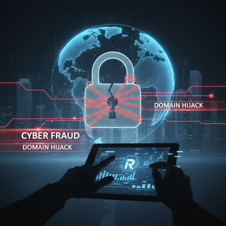 Digital padlock with red lines, globe, and "DOMAIN HIJACK" text over a cityscape, reflecting tech security concerns.