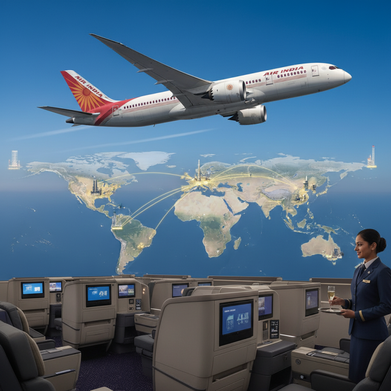 An Air India plane flying above a world map showing new routes, with a flight attendant in a luxurious cabin.