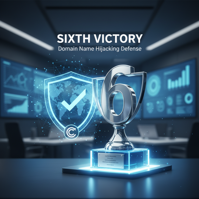 A silver trophy with a prominent number '6' on a glowing blue base, symbolizing a sixth victory in domain name hijacking defense.