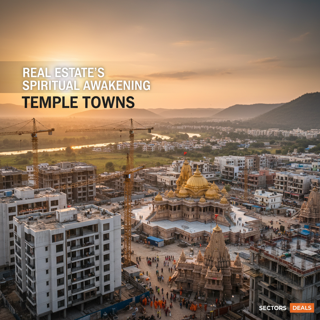 An aerial view of a temple town at sunset, showing a large, ornate temple surrounded by modern construction and cranes.