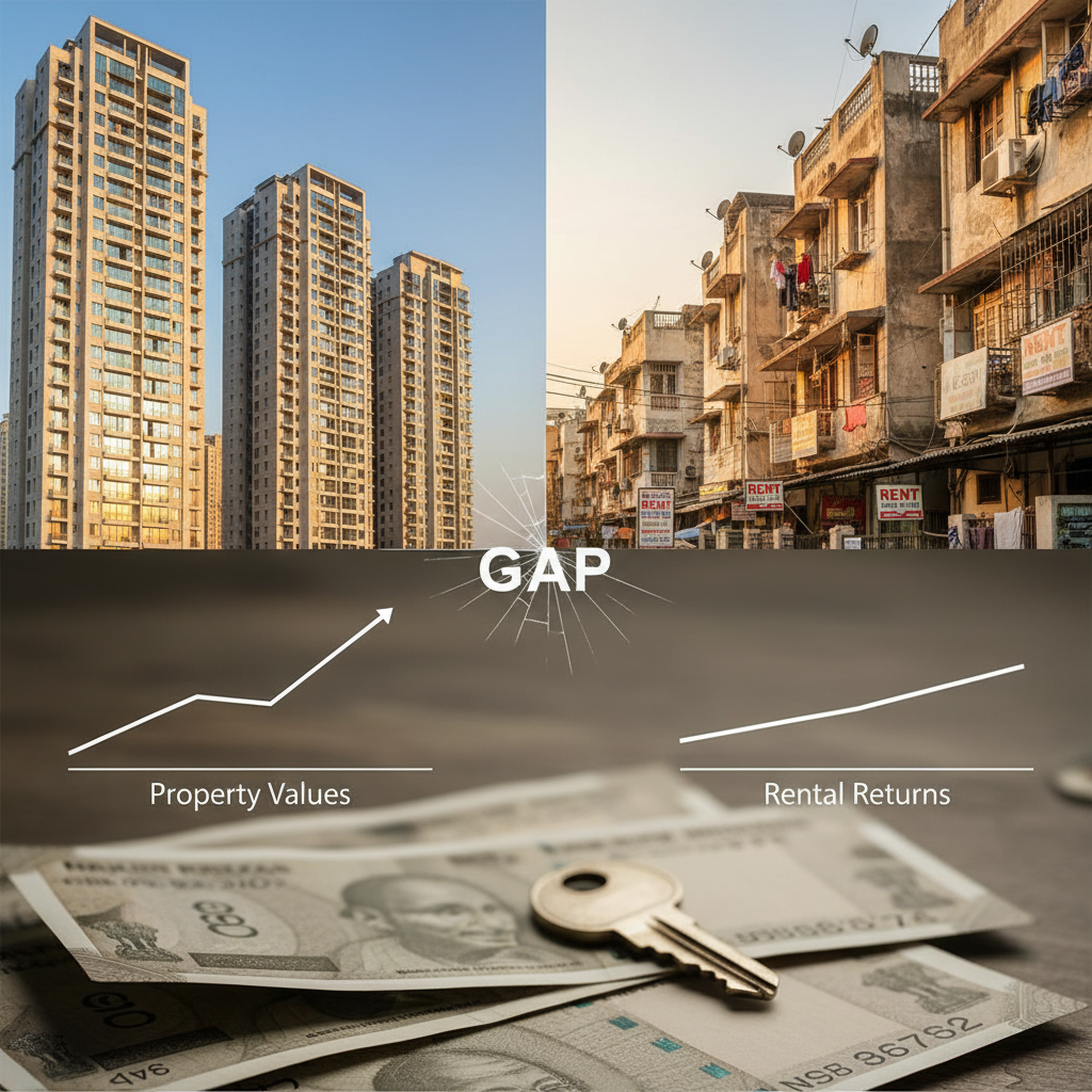 A split image showing modern apartments and older residential buildings in India, with charts for property values and rental returns.
