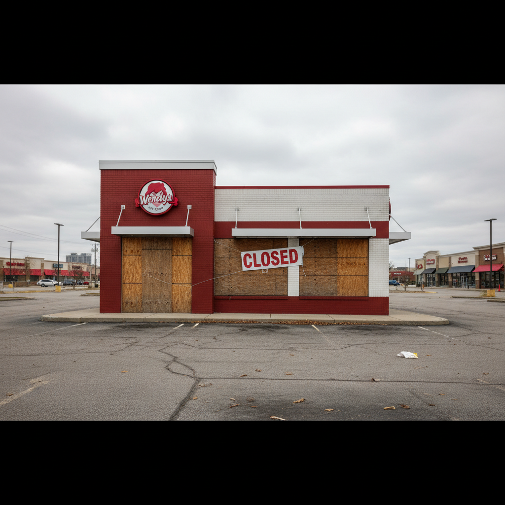 A Wendy's restaurant with boarded-up windows and a prominent "CLOSED" sign, set against a grey sky.