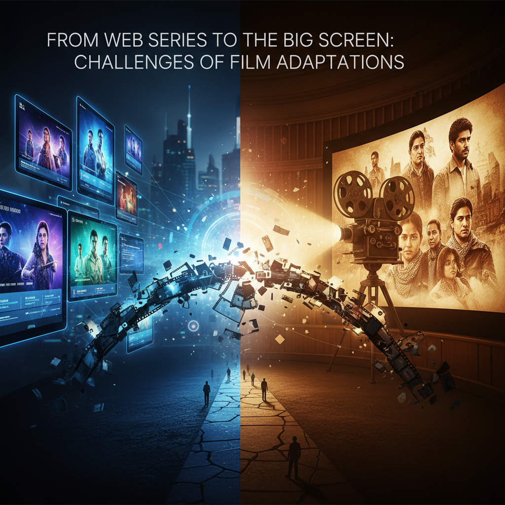 A split image showing web series on digital screens on one side and a vintage film projector showing a movie on the other, connected by a film strip.