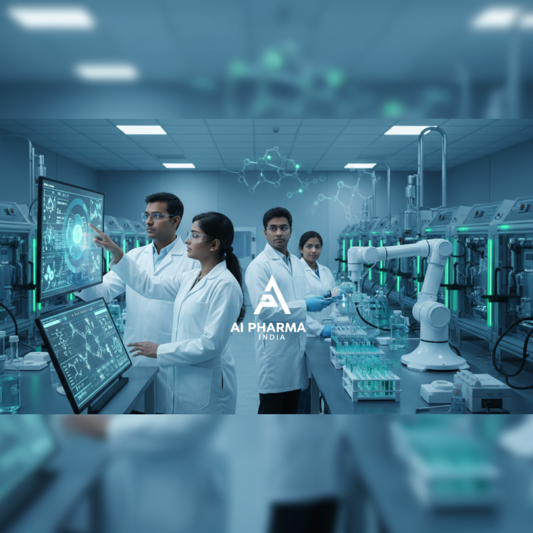 Four Indian scientists in a modern lab, working with AI interfaces and robotic equipment, symbolizing innovation in pharma.