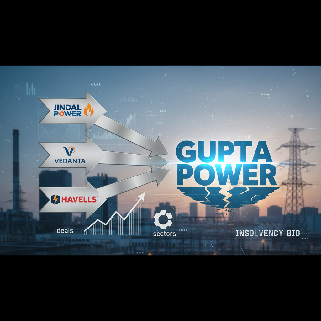 Three arrows with logos of Jindal Power, Vedanta, and Havells pointing towards a broken "Gupta Power" logo.