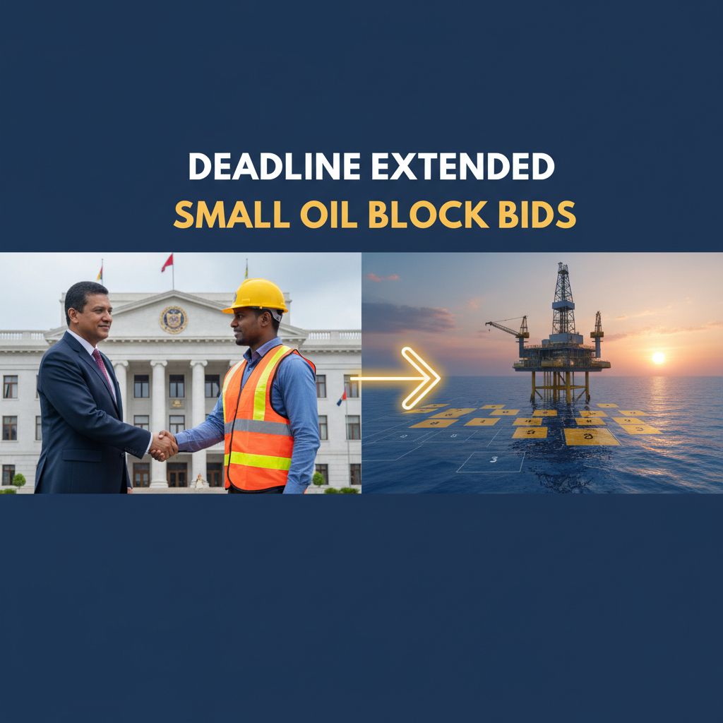 A professional image depicting a handshake between a politician and an oil worker, connected by an arrow to an offshore oil rig.