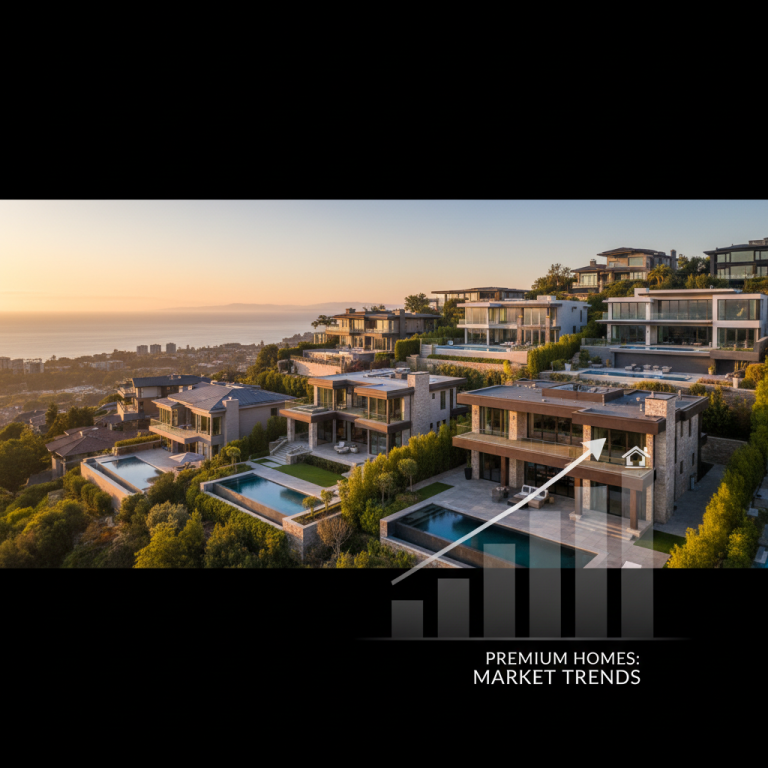 An aerial view of modern luxury homes nestled on a hillside overlooking the ocean at sunset.