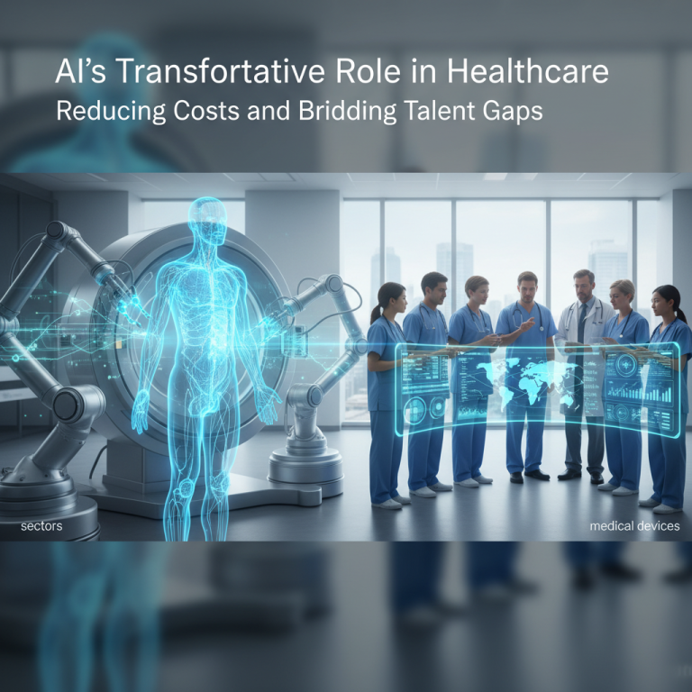 Doctors in scrubs reviewing data on transparent screens with a holographic human figure and robotic arms in the background.