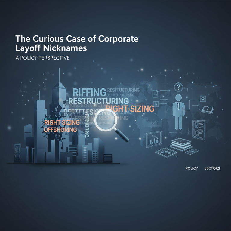 A professional, abstract image with corporate buildings and a magnifying glass over words like "right-sizing" and "restructuring."