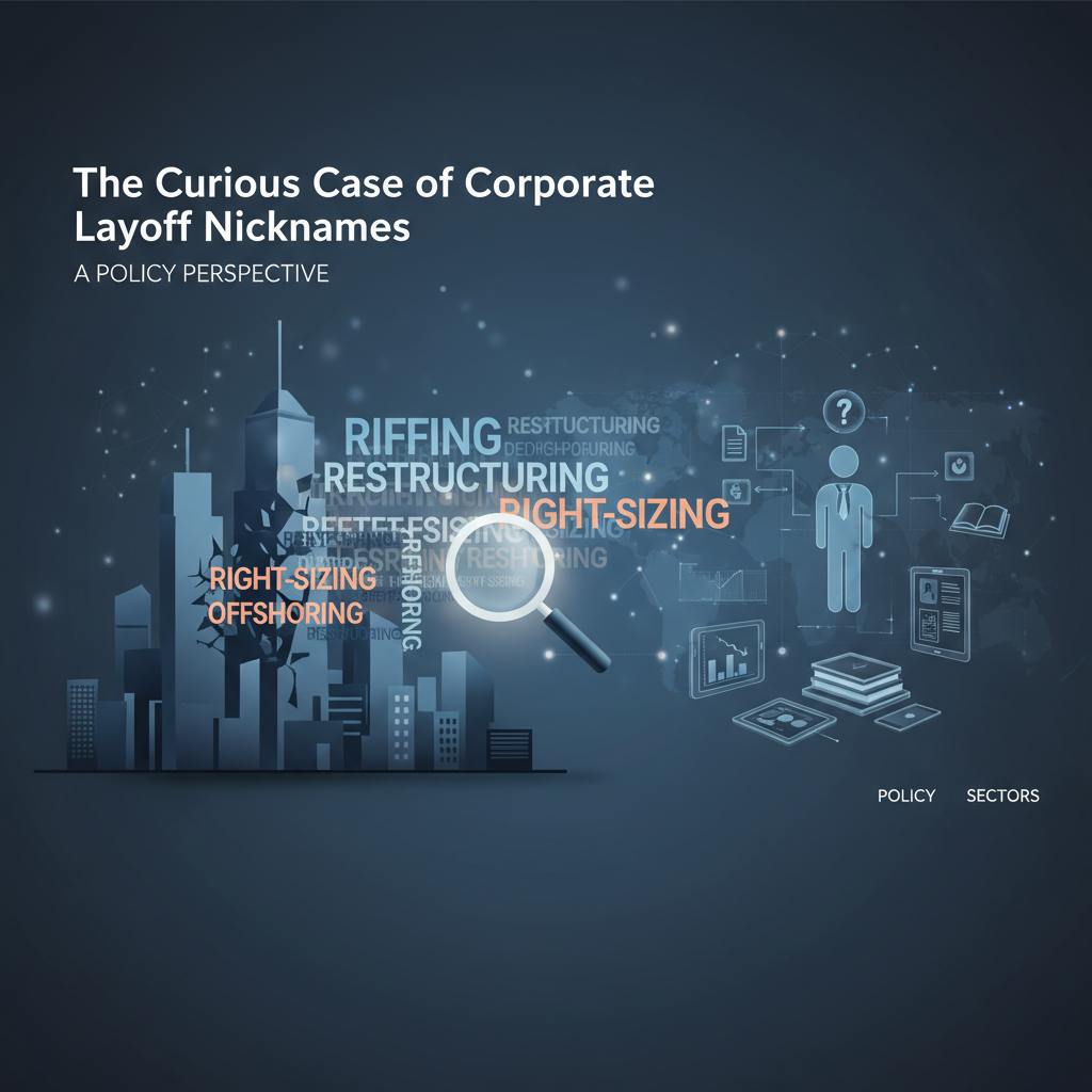 A professional, abstract image with corporate buildings and a magnifying glass over words like "right-sizing" and "restructuring."