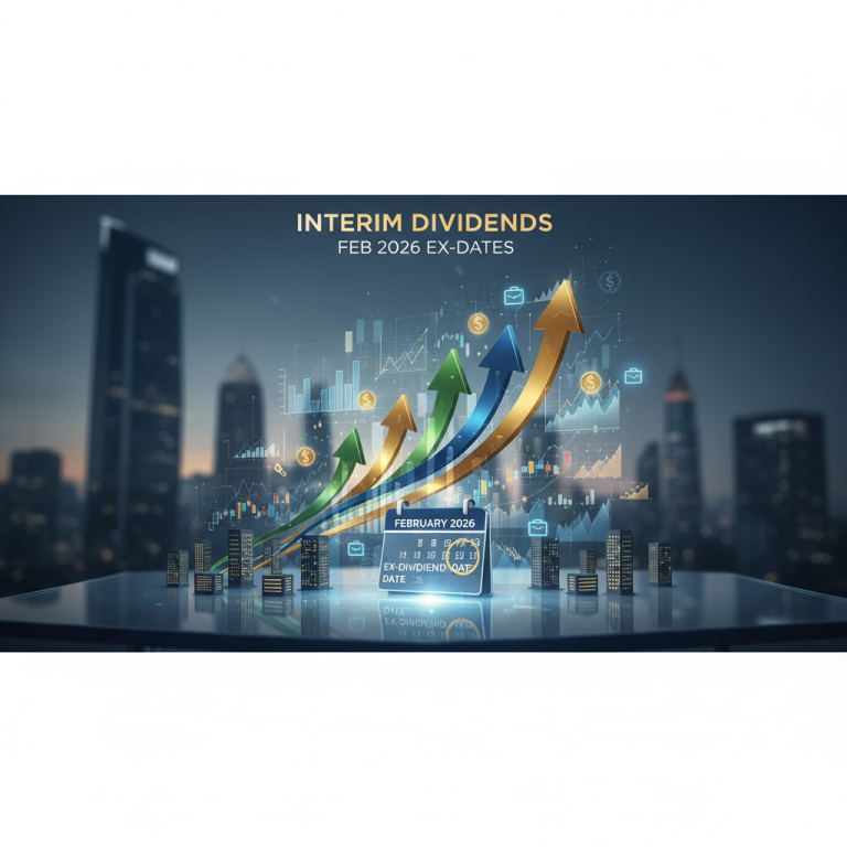 A professional visual representing interim dividends with a calendar showing February 2026 ex-dates against a city skyline.