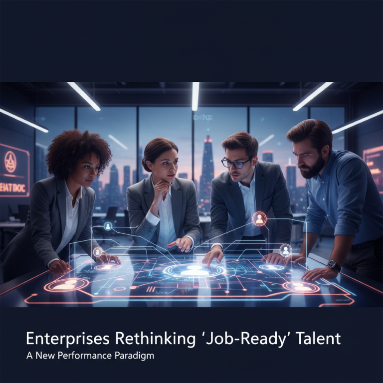 Four diverse professionals collaborate around a glowing holographic table display in a modern office with a city view.