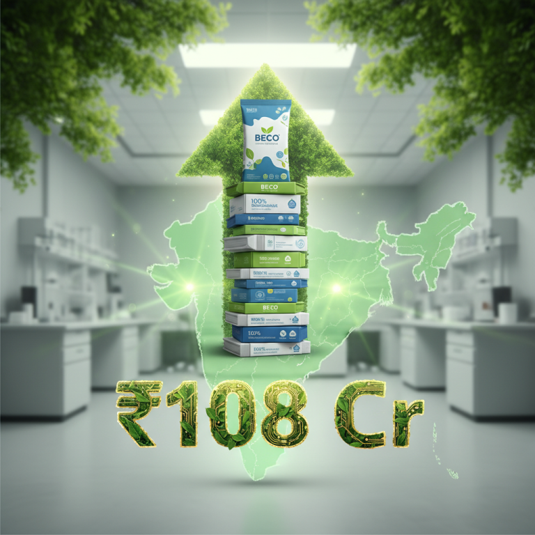 A stack of BECO green product packaging forming an upward arrow over a glowing map of India, symbolizing market dominance and growth.
