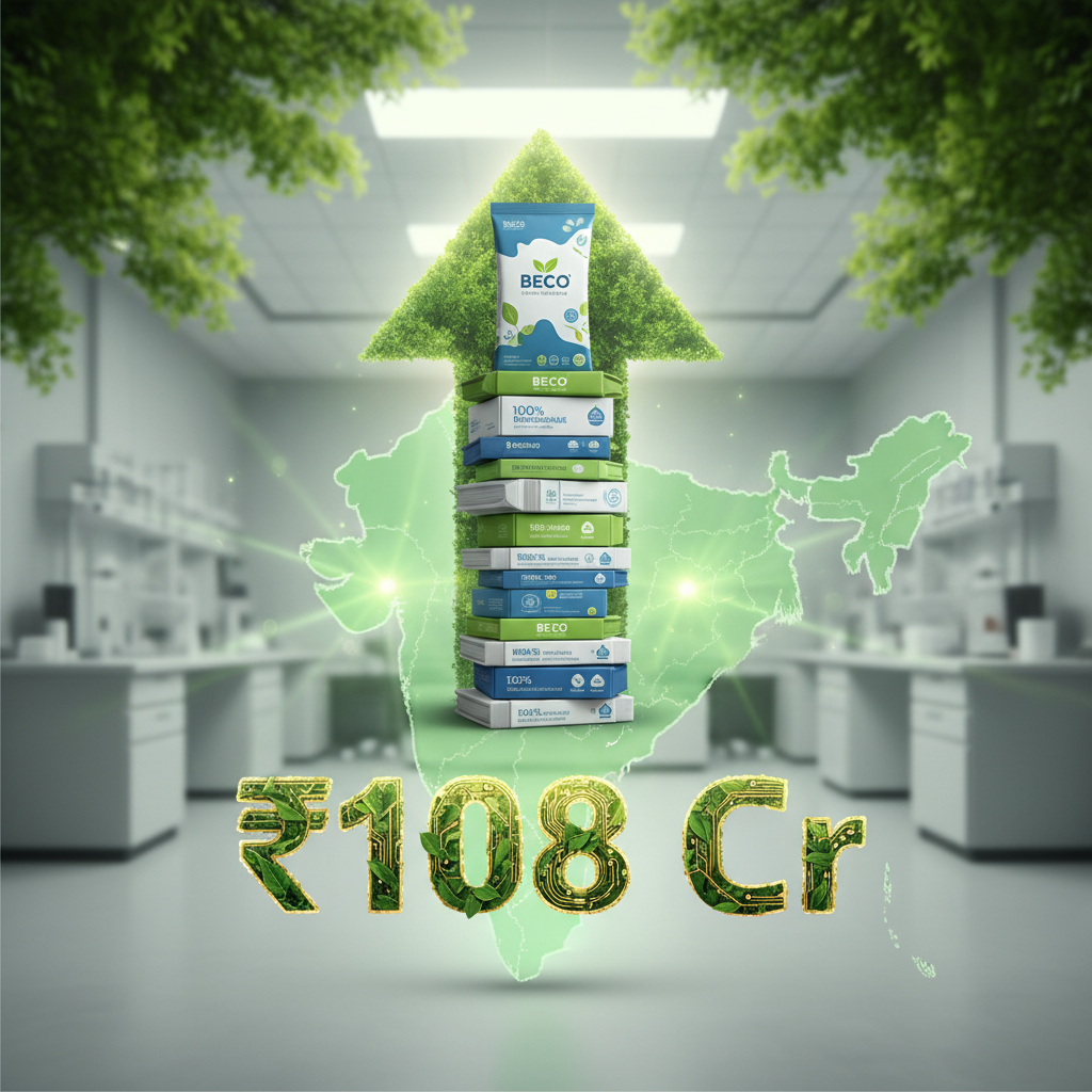 A stack of BECO green product packaging forming an upward arrow over a glowing map of India, symbolizing market dominance and growth.