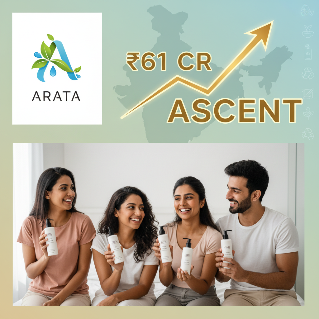 A visually appealing image featuring a graphic overlay of "₹61 CR ASCENT" and a group of happy individuals holding clean beauty products, representing Arata's success in India.