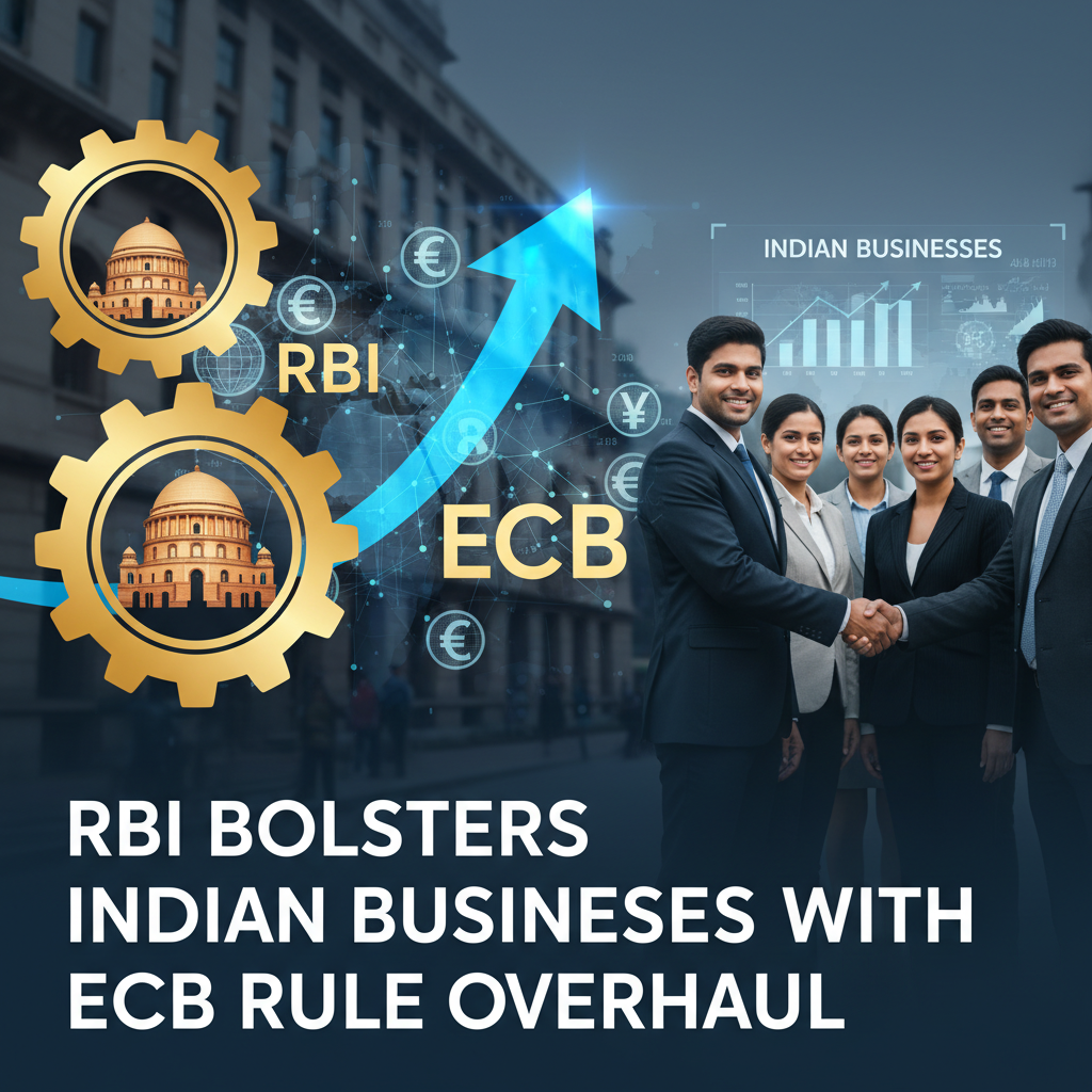 Professional image depicting the RBI and ECB with an upward arrow, signifying economic growth for Indian businesses.