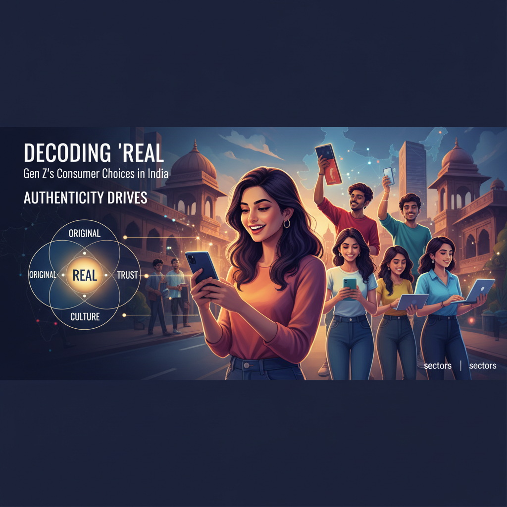 A professional header image showing Indian Gen Z individuals using smartphones and laptops in a stylized cityscape, with a "Real" authenticity diagram.