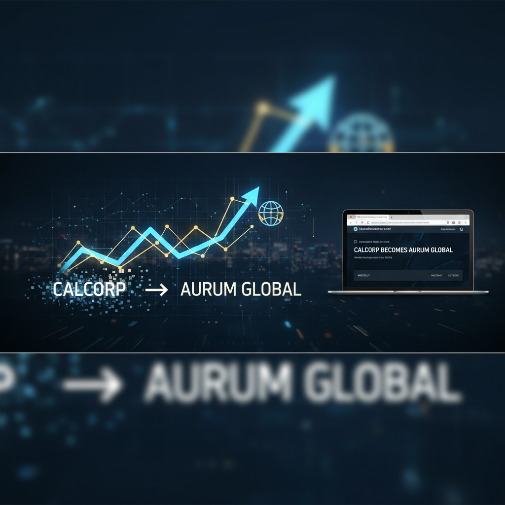 A dynamic graphic showing "CALCORP" transitioning to "AURUM GLOBAL" with an upward trend line and a laptop displaying Marketscreener.com.