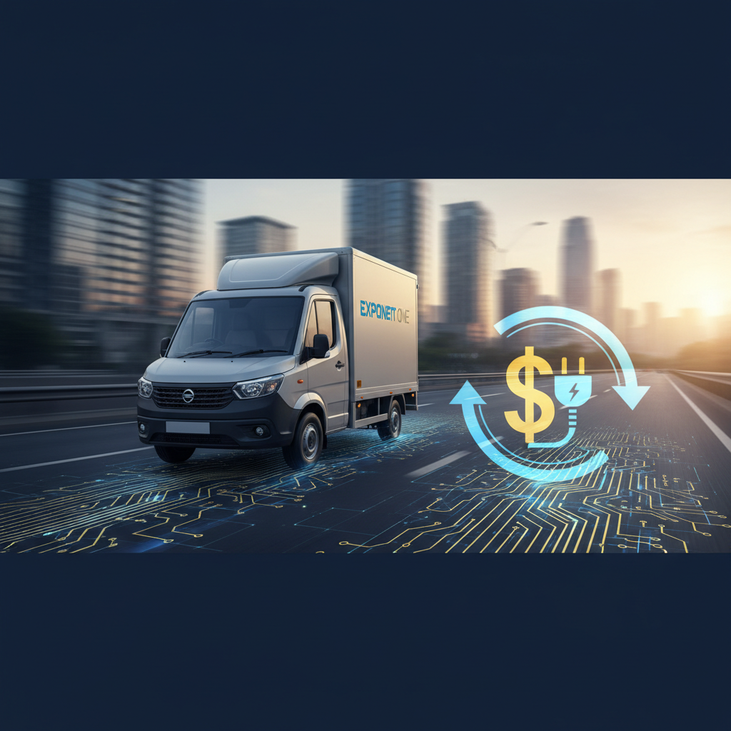 An electric delivery truck from Exponent Energy on a highway with a circuit board overlay and a money-and-plug icon.