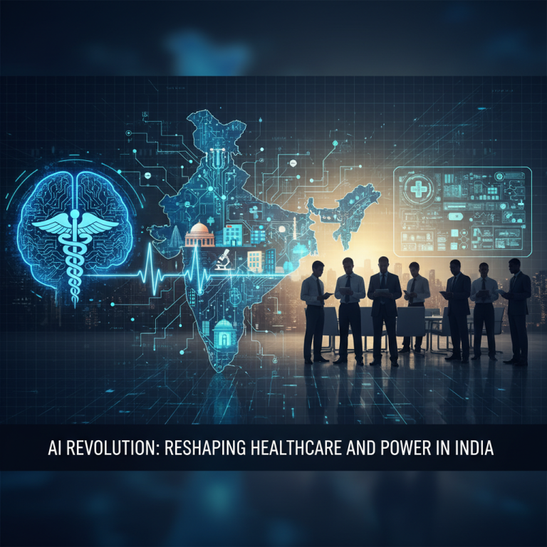 A professional image depicting AI's influence on healthcare and policy in India, with a map of India and business figures.