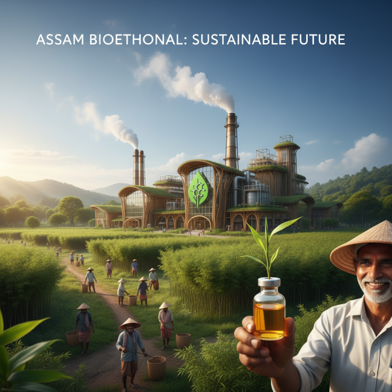 A modern bioethanol plant made with bamboo, surrounded by bamboo fields with farmers working, and a man holding a bioethanol sample.