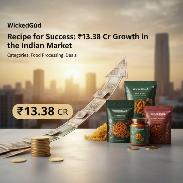 An upward-trending arrow made of Indian rupee notes, golden coins, and WickedGüd food products against a city skyline.