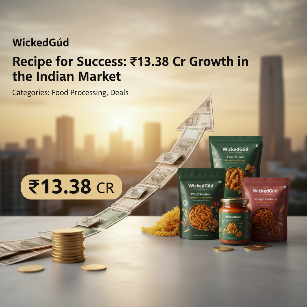 An upward-trending arrow made of Indian rupee notes, golden coins, and WickedGüd food products against a city skyline.