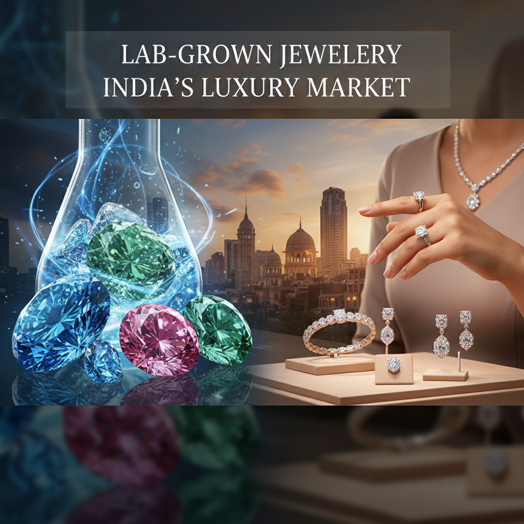 A professional image depicting lab-grown diamonds alongside traditional jewellery and an Indian cityscape.