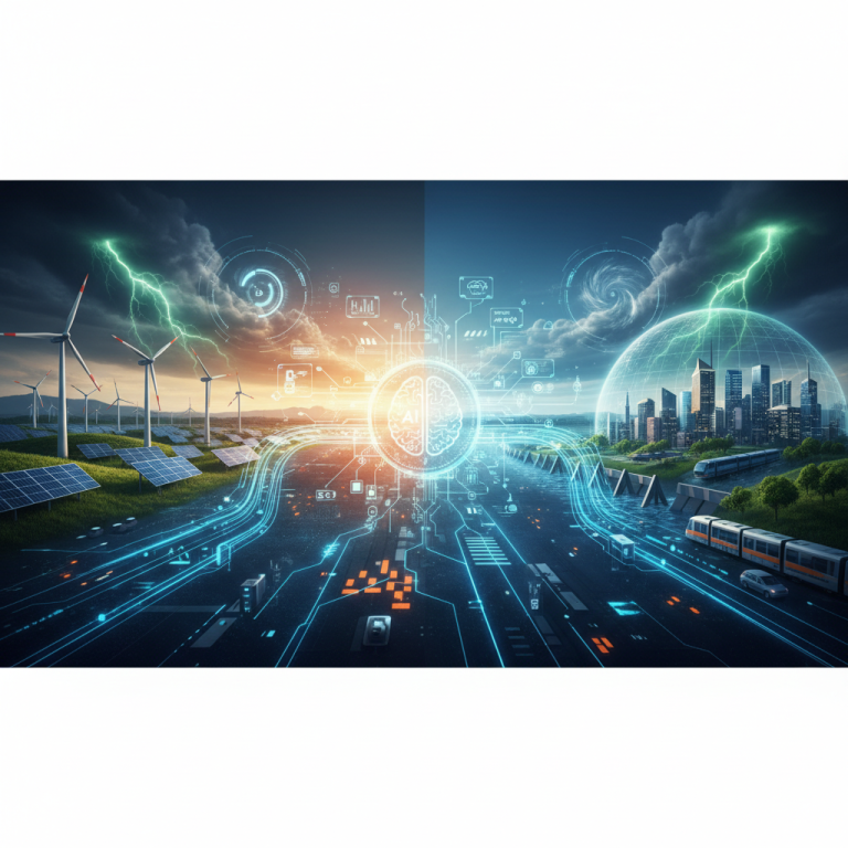 A dynamic image illustrating AI's role in clean energy and climate resilience with wind turbines, solar panels, and a smart city.