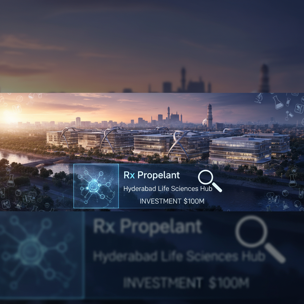 An image showing the Hyderabad Life Sciences Hub with overlay text "Rx Propellant, Hyderabad Life Sciences Hub, Investment $100M".