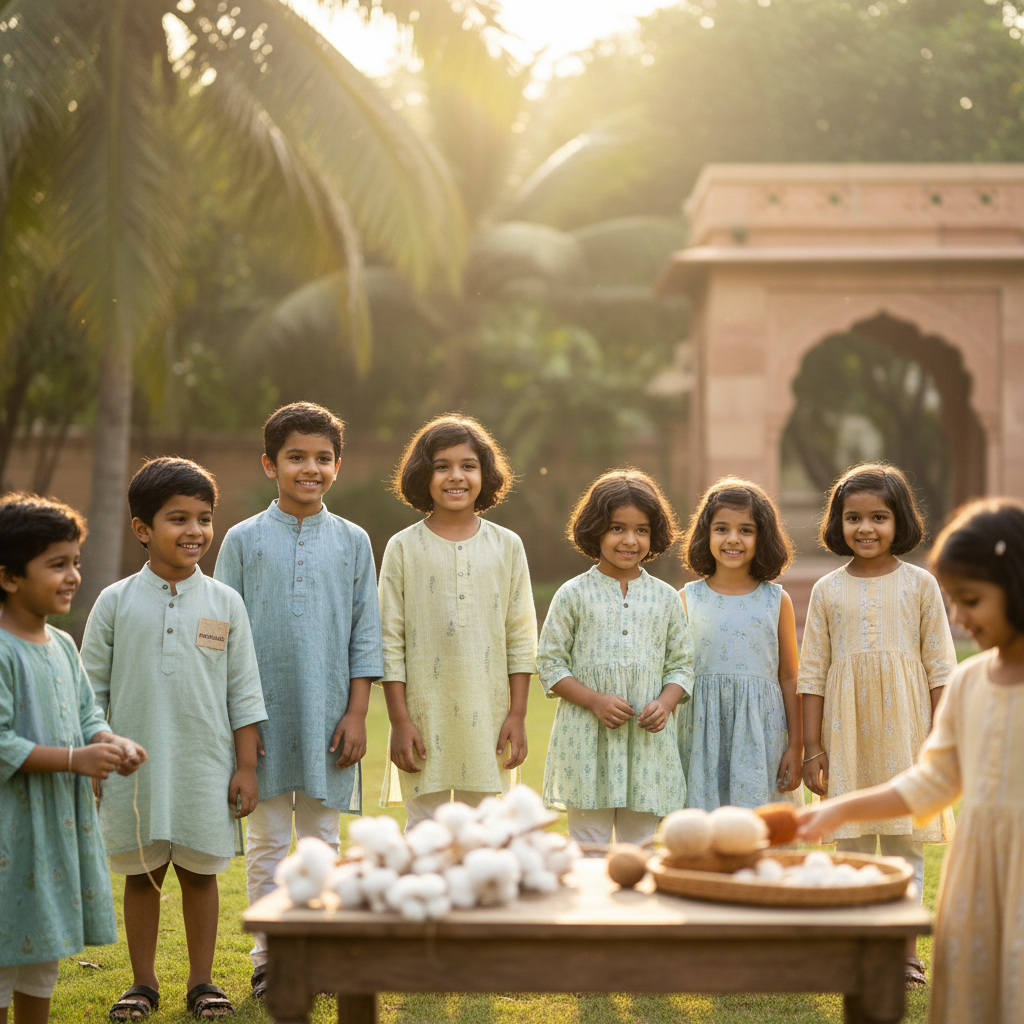 Kids in comfortable cotton clothes, representing Minicult's focus on natural fabrics for Indian climate.