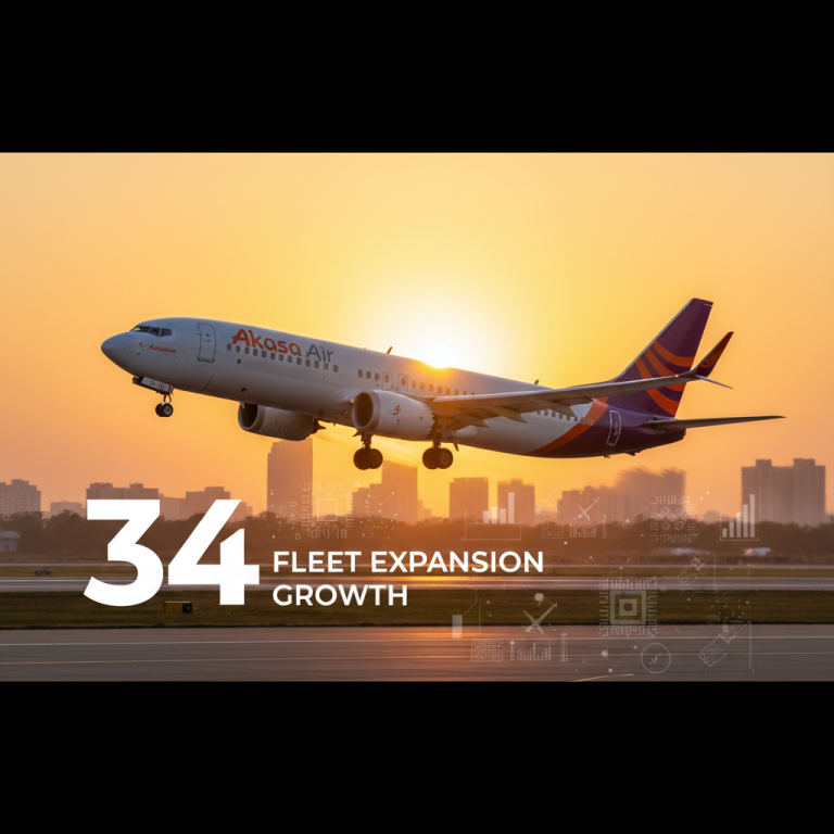 Akasa Air plane taking off at sunrise, with a cityscape in the background and subtle tech overlays.