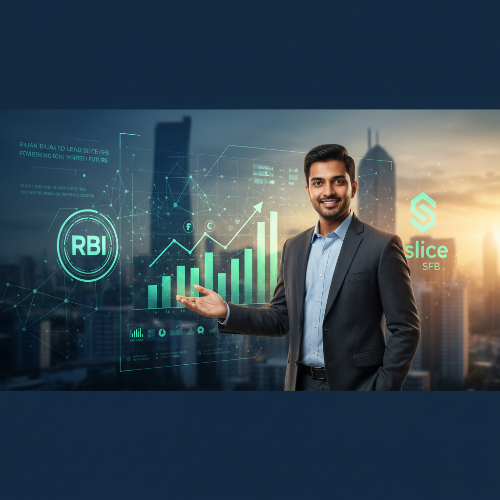 Rajan Bajaj stands confidently, gesturing towards a futuristic display of financial charts and logos against a cityscape.