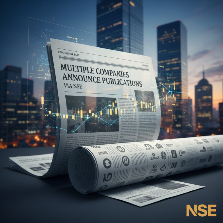 Newspaper with article headline "Multiple Companies Announce Publications Via NSE" on a cityscape background with stock market graphs.