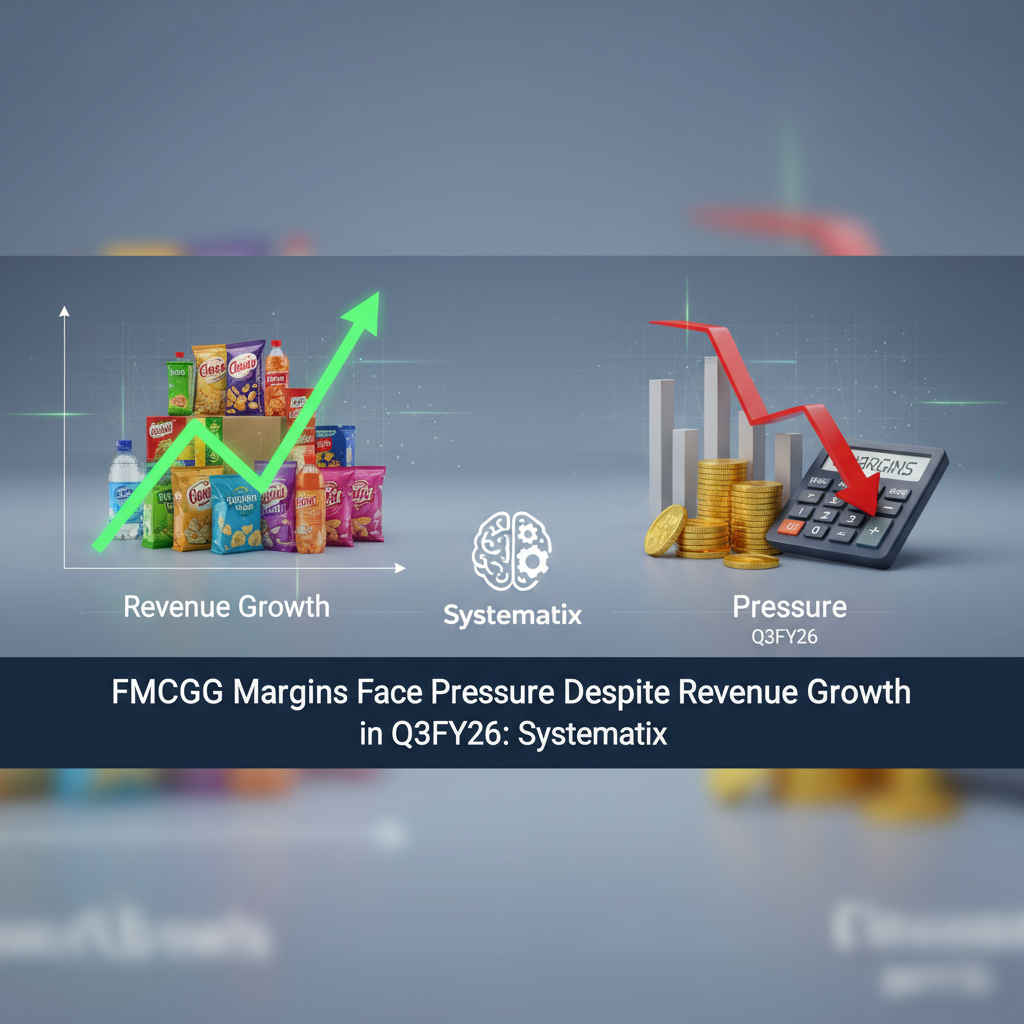 A visual representation of FMCG revenue growth with rising arrows and margin pressure with a downward trend.