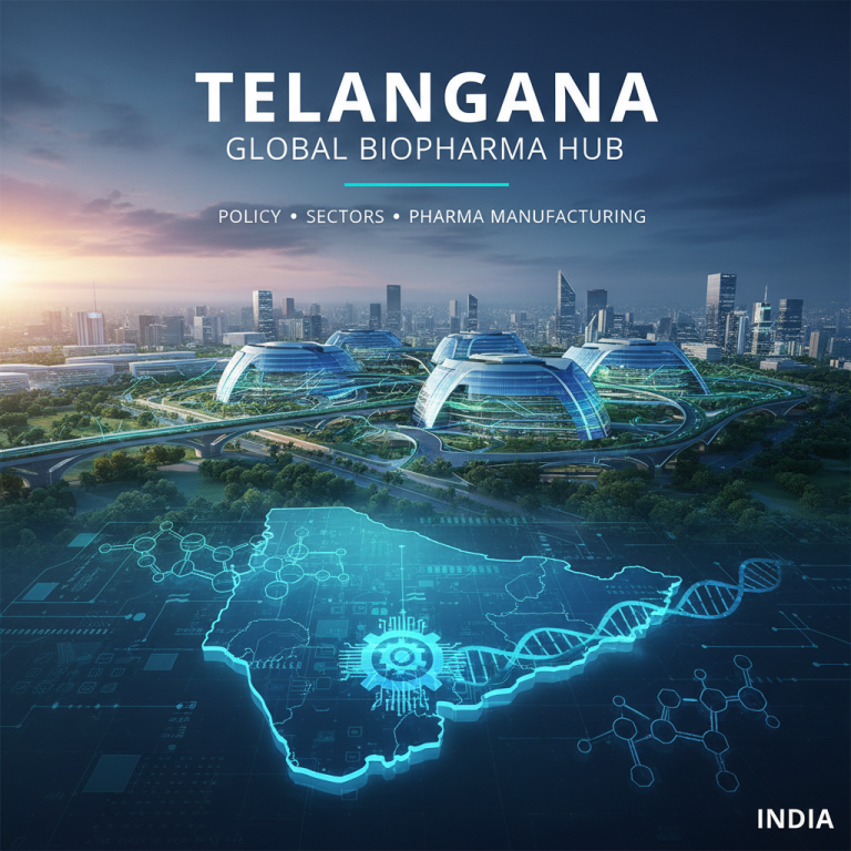 A futuristic cityscape with biopharma research facilities and a glowing map of Telangana overlayed with DNA and tech elements.