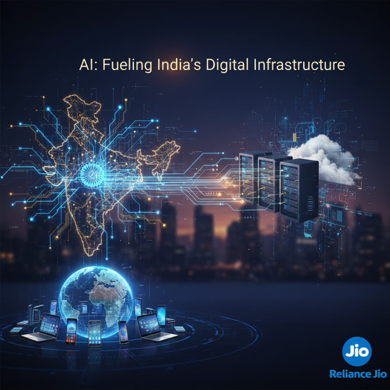 A professional image showing a digital map of India connected to servers, cloud computing, and various smart devices.