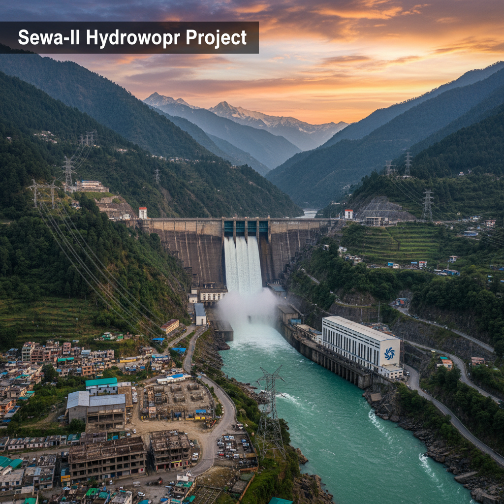 An aerial view of the Sewa-II Hydropower Project dam and power station amidst mountains at sunset.