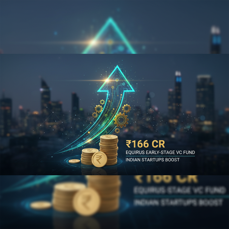 A vibrant digital arrow pointing upwards, symbolizing growth, with stacks of Indian Rupee coins, set against a modern cityscape.