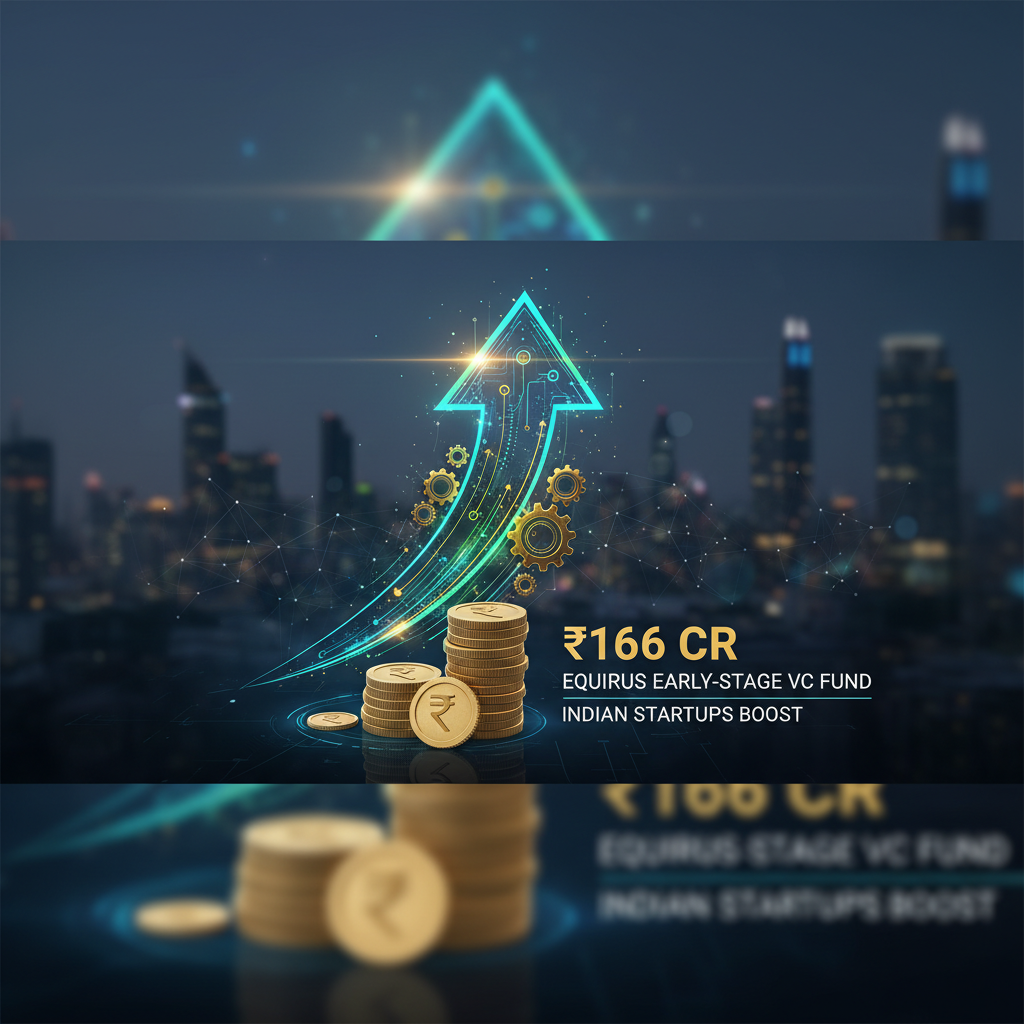 A vibrant digital arrow pointing upwards, symbolizing growth, with stacks of Indian Rupee coins, set against a modern cityscape.