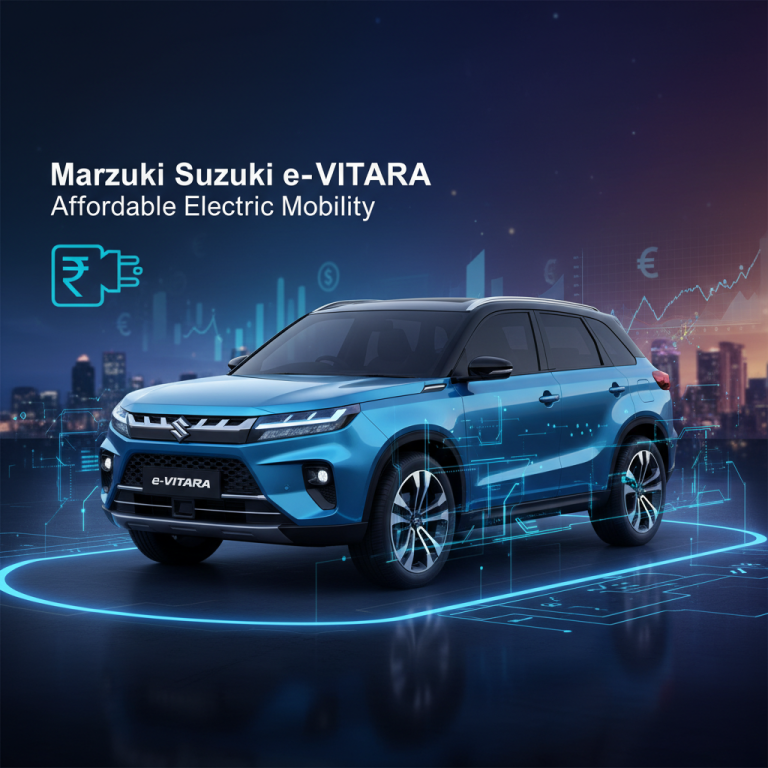Blue Maruti Suzuki e-VITARA with futuristic UI and currency symbols, symbolizing affordable electric mobility.